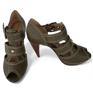 BOUTIQUE 9 Leather Shoes Cone Heels Size 6 Brown Olive Strappy Straps NWOT